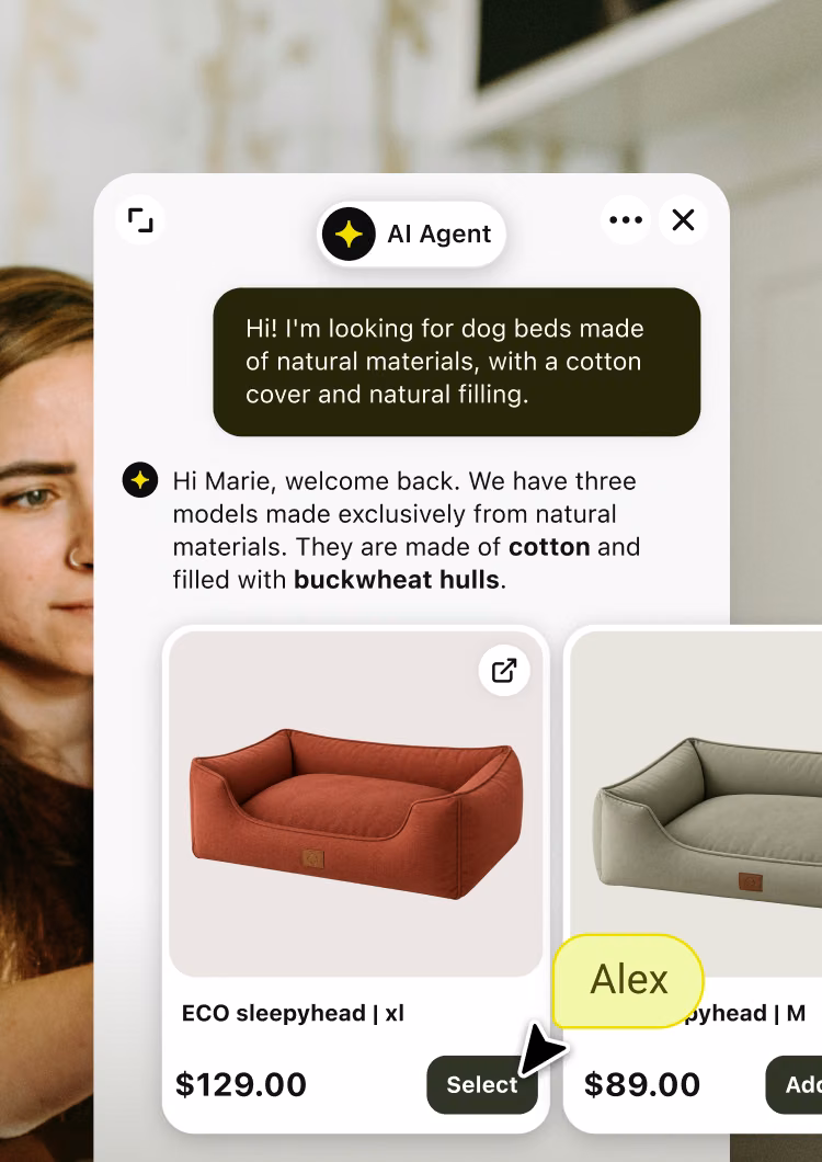 AI Agent recommending dog beds from a live Adobe Commerce catalog, with product cards and pricing