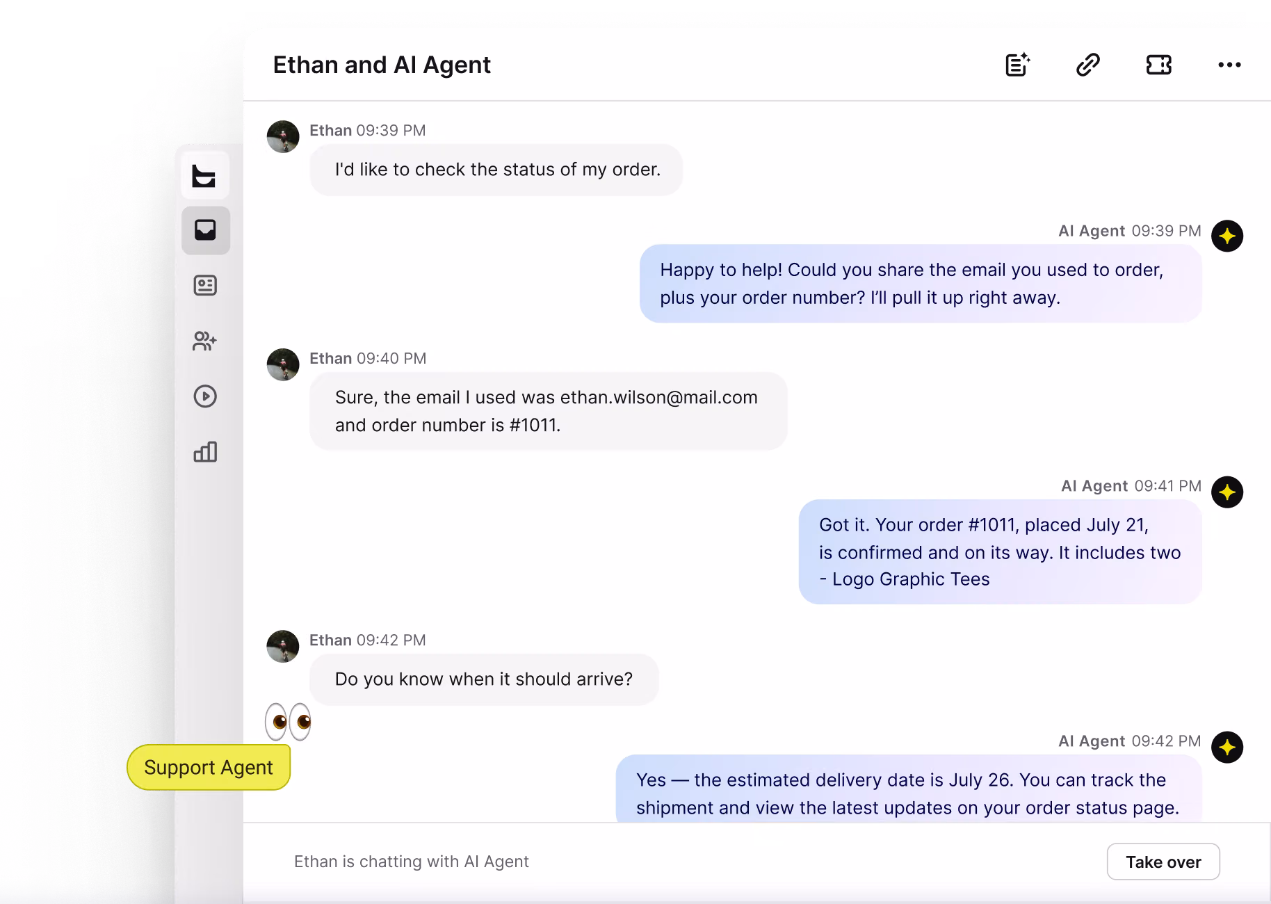 Text inbox with an AI agent answering a customer chat while a teammate follows the conversation