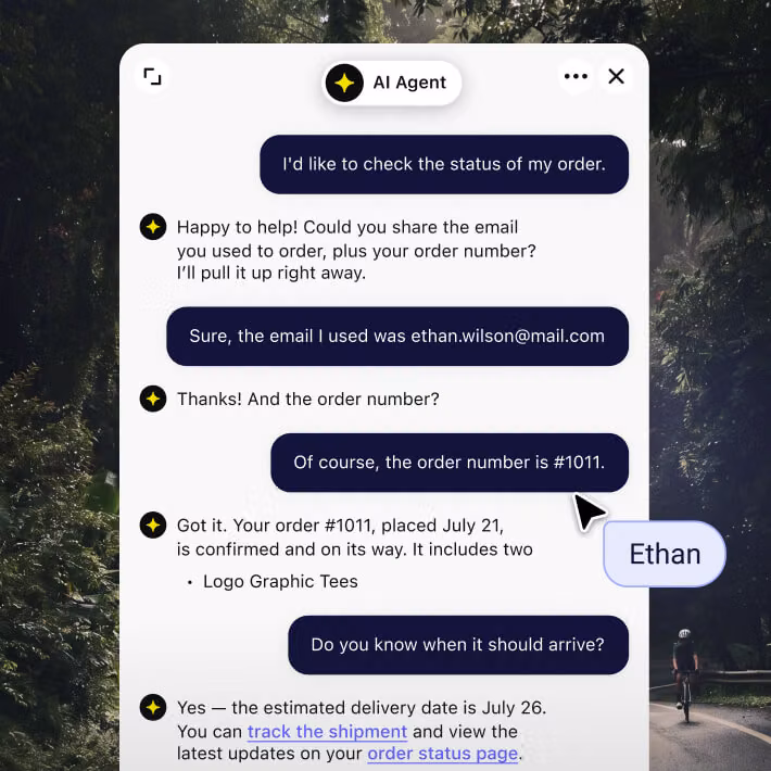 Shopify AI agent answering order status and delivery change questions in chat