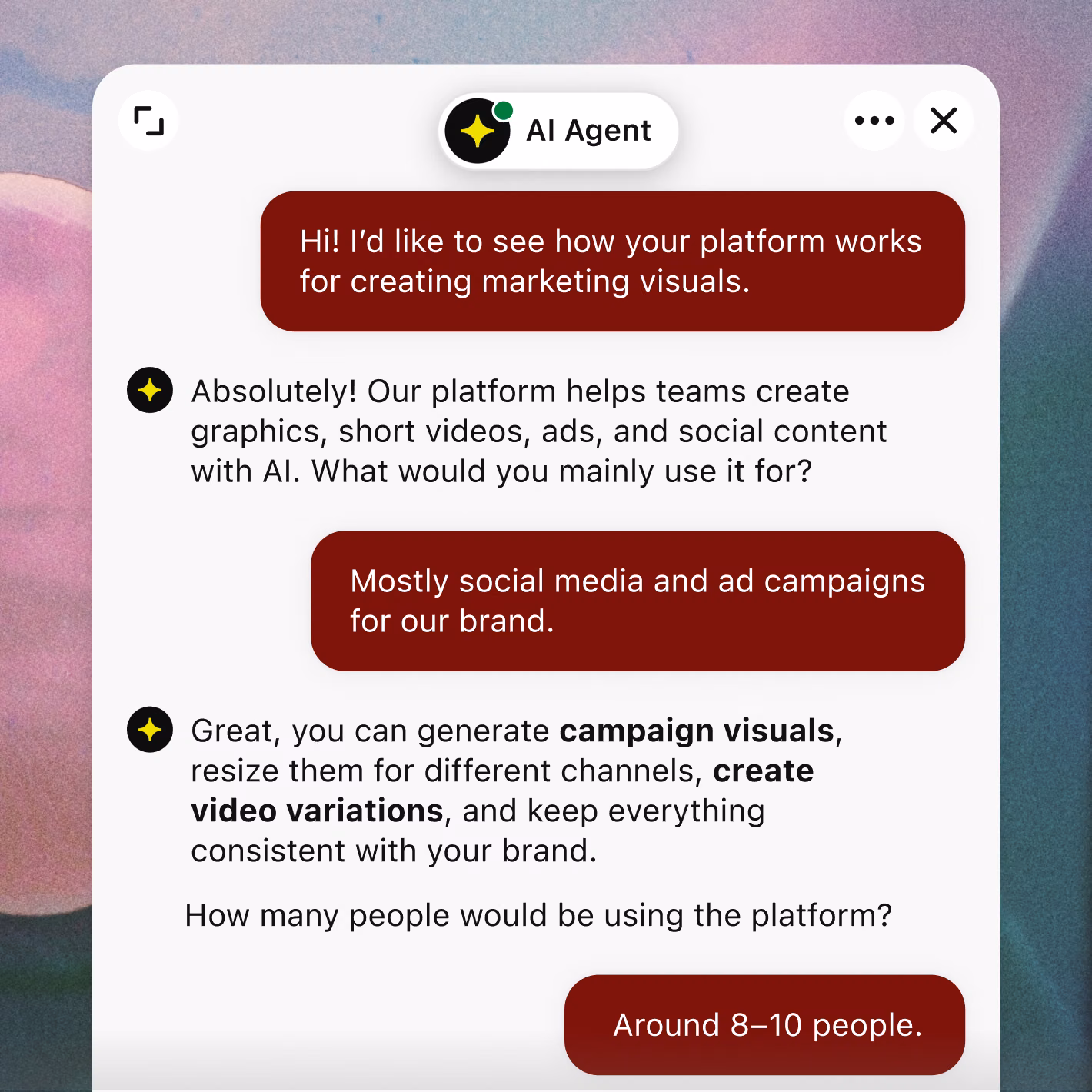 AI Agent chat asking a visitor about their use case and team size, then offering a personalized demo