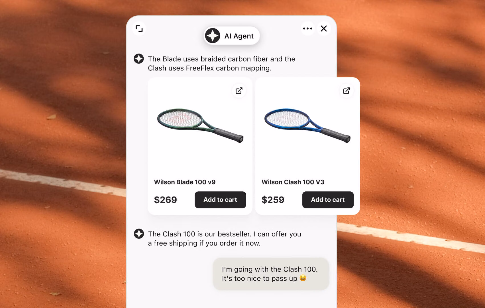 Text AI Agent chat recommending tennis rackets to a customer, comparing product cards, detecting buying signals, and helping turn purchase intent into a completed sale.