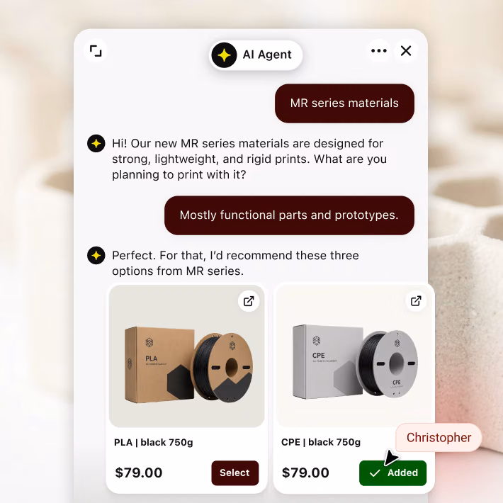 AI Agent recommending Nylon, PLA, and CPE filament options after a customer asks about MR series materials