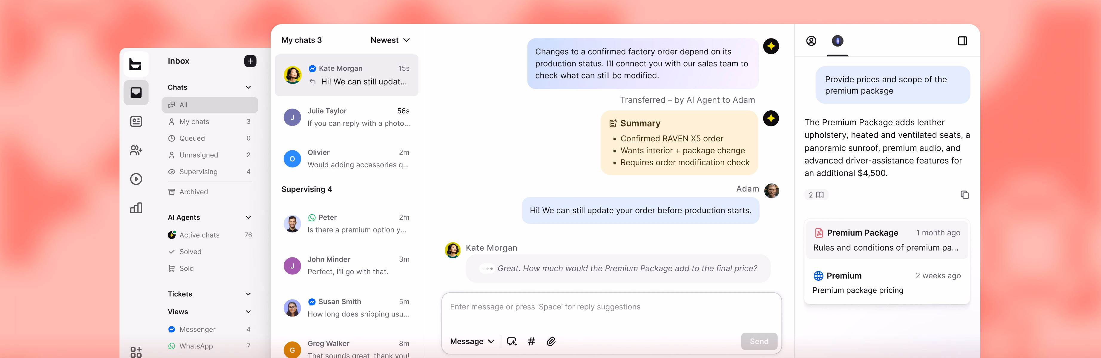 Unified inbox with chats from Messenger, WhatsApp, and website widget alongside an AI conversation summary