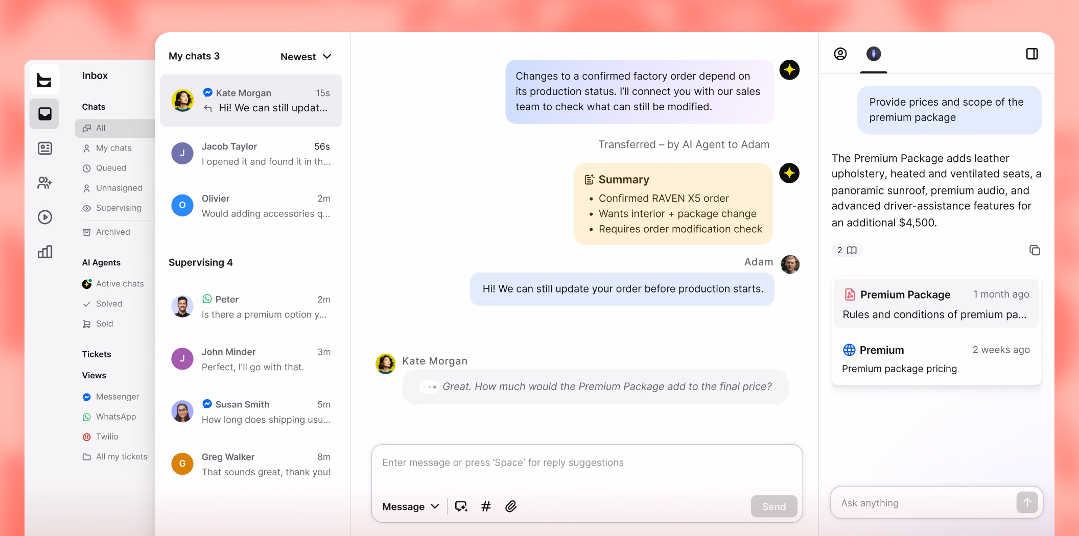 Unified inbox with chats from Messenger, WhatsApp, and website widget alongside an AI conversation summary