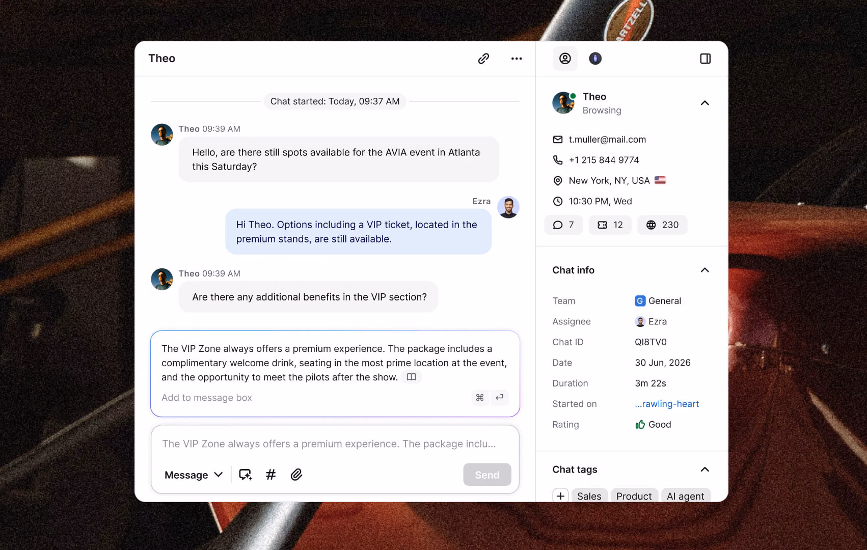 Text Live Chat conversation with a customer asking about event tickets, showing real-time agent replies, visitor details, and chat context that help sales teams respond before purchase intent is lost.