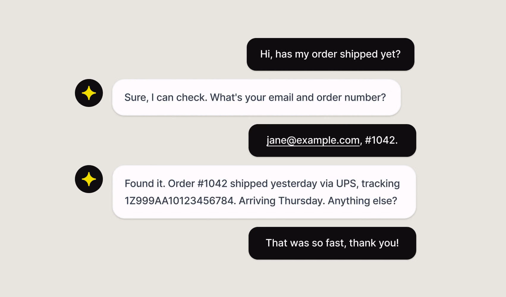 AI Agent in Text instantly resolving an order tracking question with shipping details, freeing support teams to focus on complex conversations