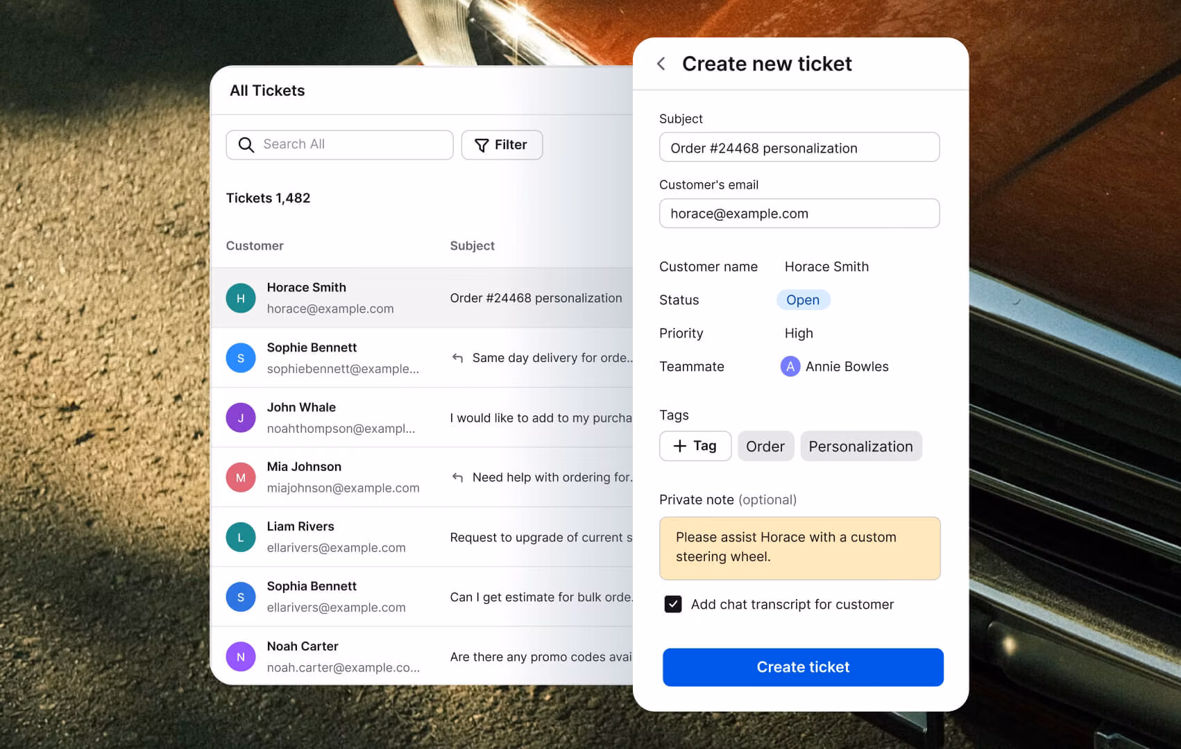 Text Help Desk ticket dashboard showing customer requests, ticket details, priority, tags, and private notes that give support teams the context to resolve issues and guide customers toward the right decision.