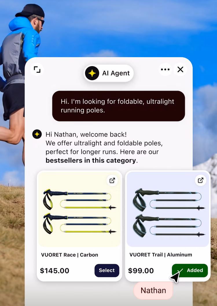 AI Agent recommending trekking poles from a live BigCommerce catalog, with product cards and pricing