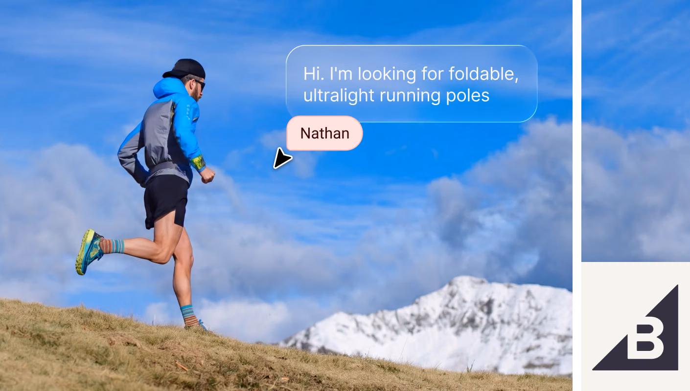 AI Agent recommending trekking poles from a live BigCommerce catalog, with product cards and pricing