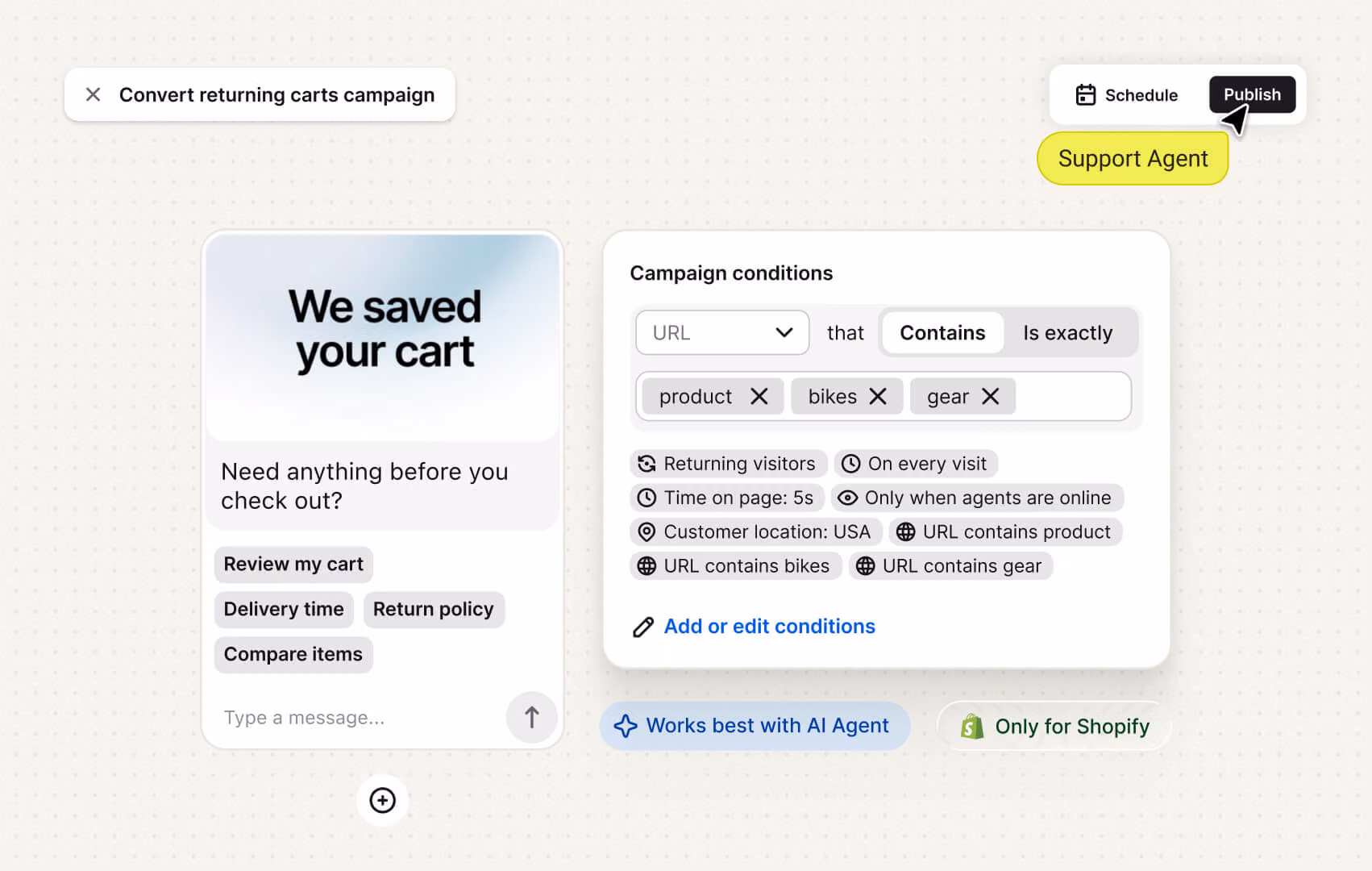 Shopify chat widget campaign builder for cart recovery messages and targeting conditions