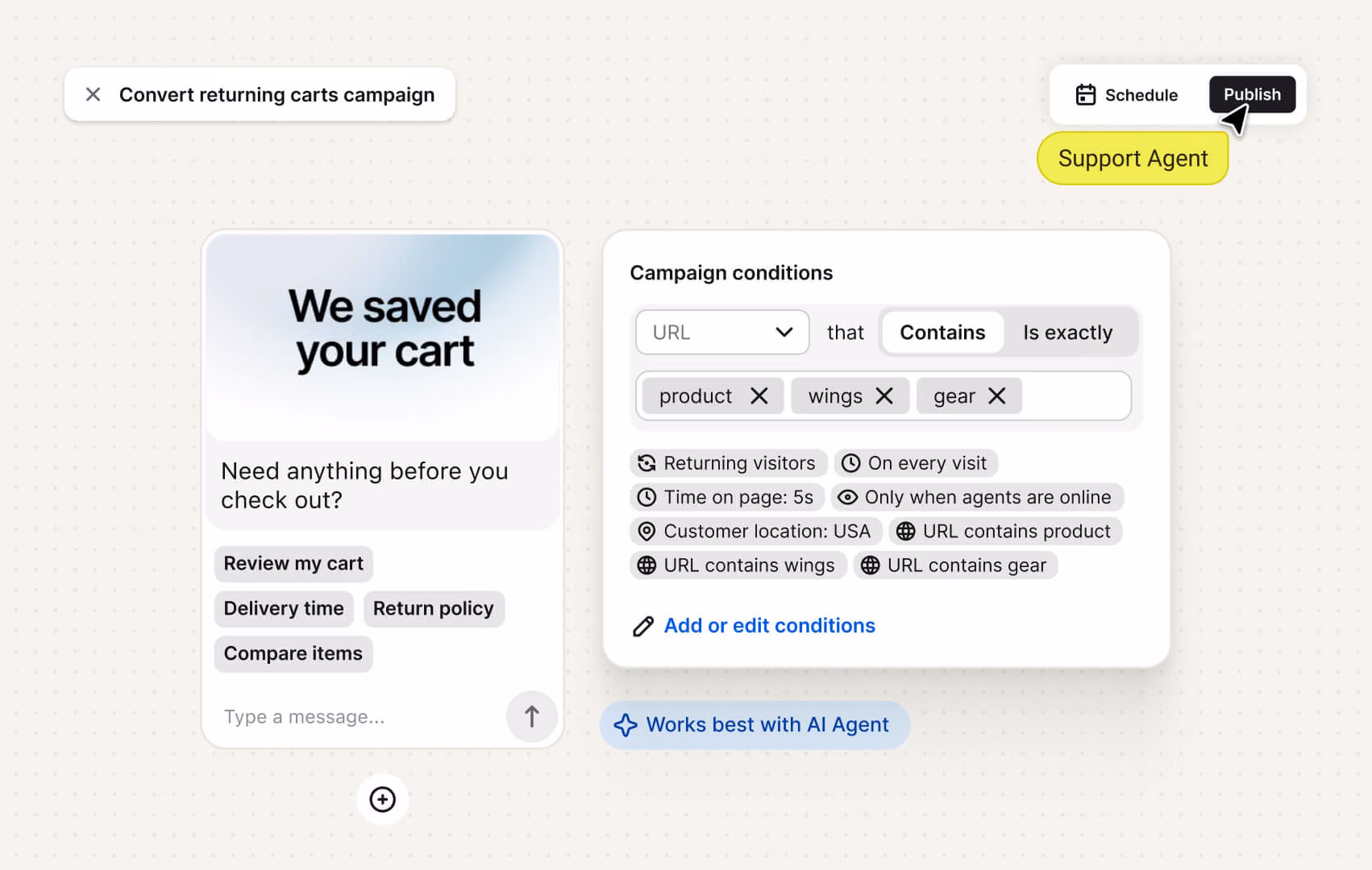 WooCommerce cart recovery campaign showing a "we saved your cart" message to a returning visitor