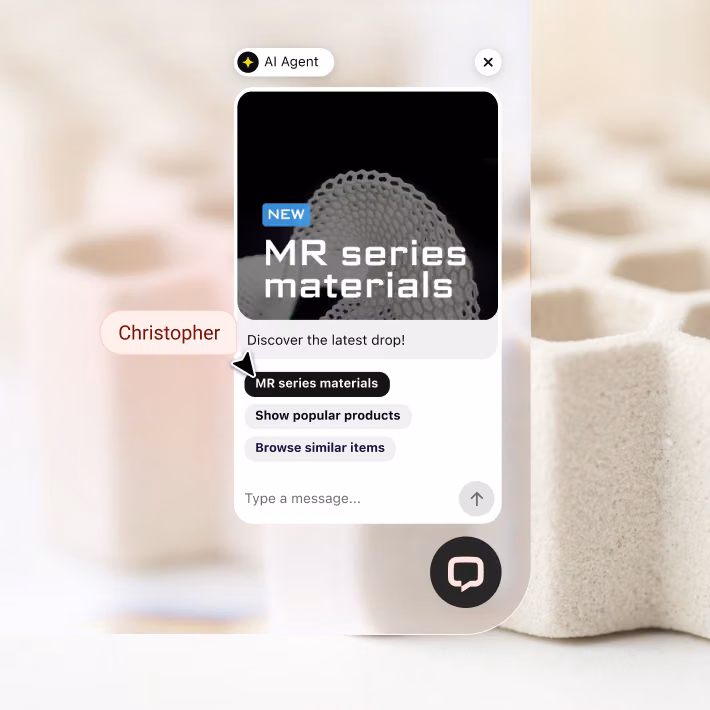 Proactive AI Agent campaign card announcing new MR series materials with quick reply options