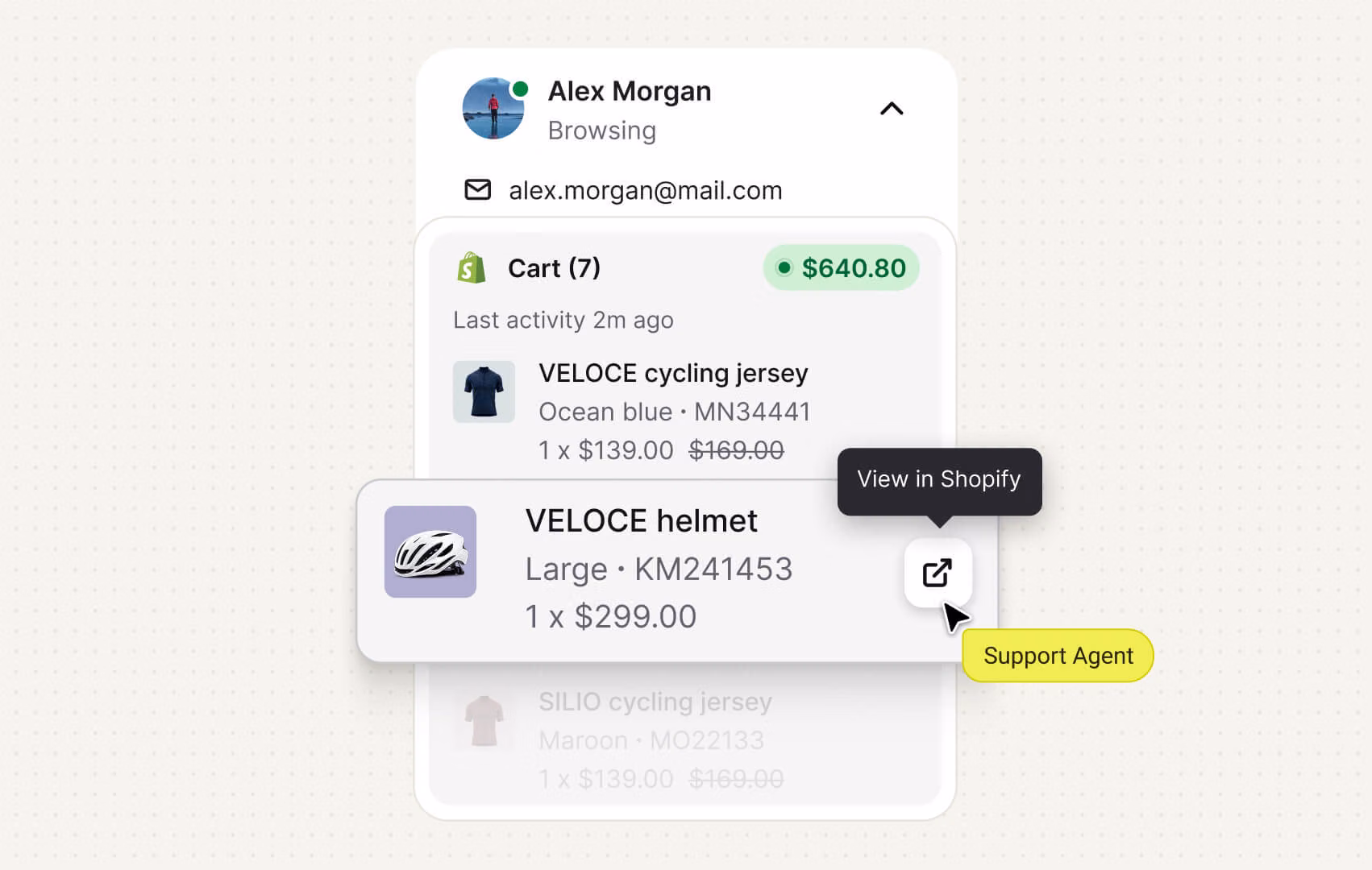 Shopify cart details in Text showing products, order value, and a View in Shopify action