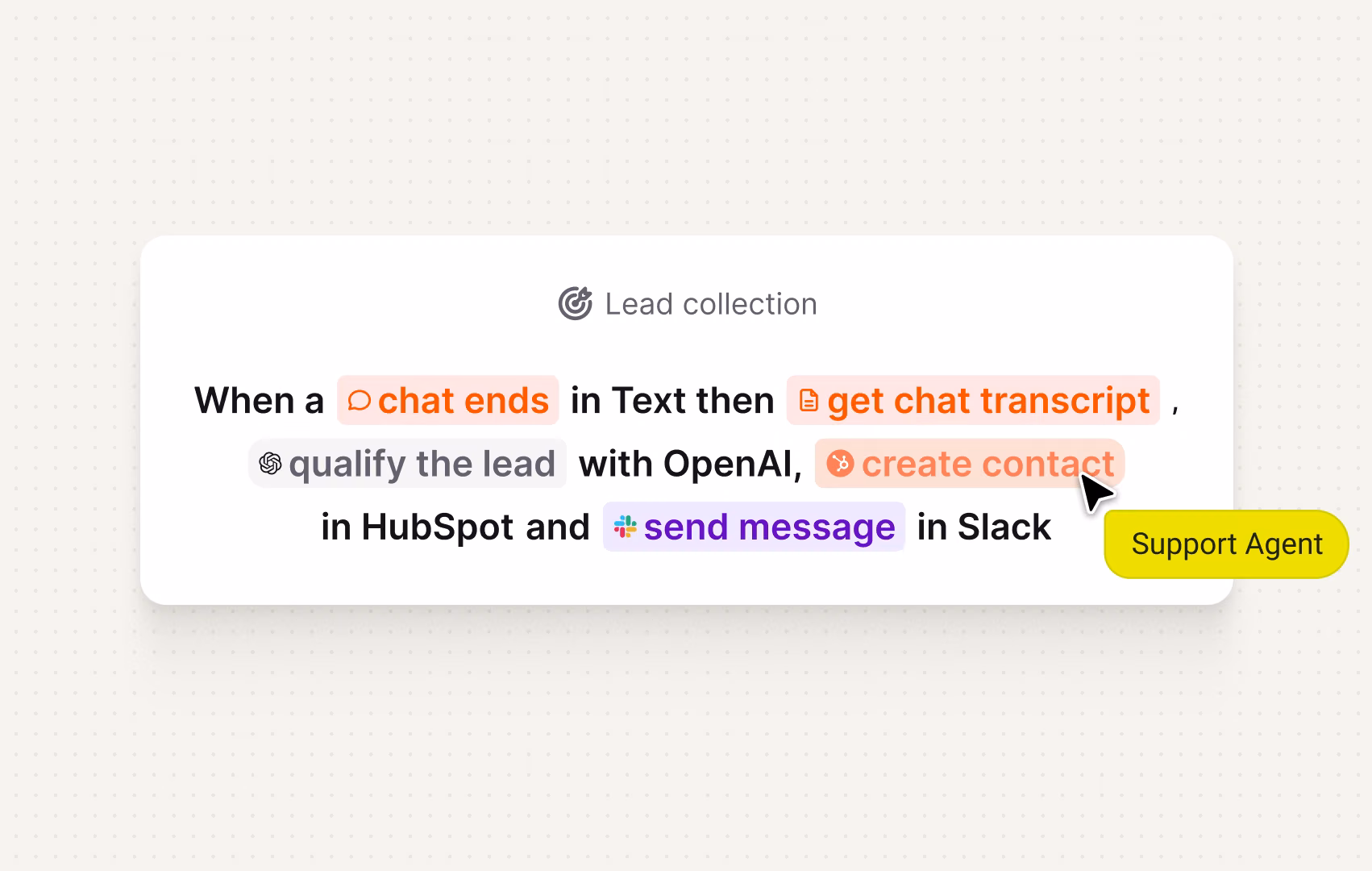Lead collection skill creating a HubSpot contact and sending a Slack message when a chat ends