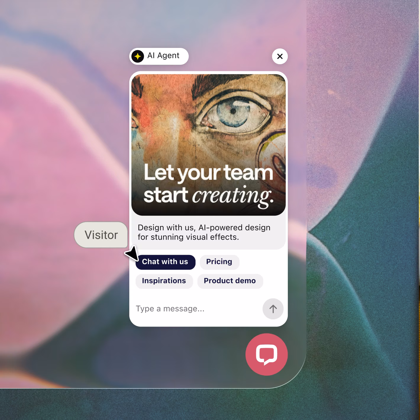Text chat widget greeting a website visitor with a design-themed message and Chat with us, Pricing, Inspirations and Product demo buttons