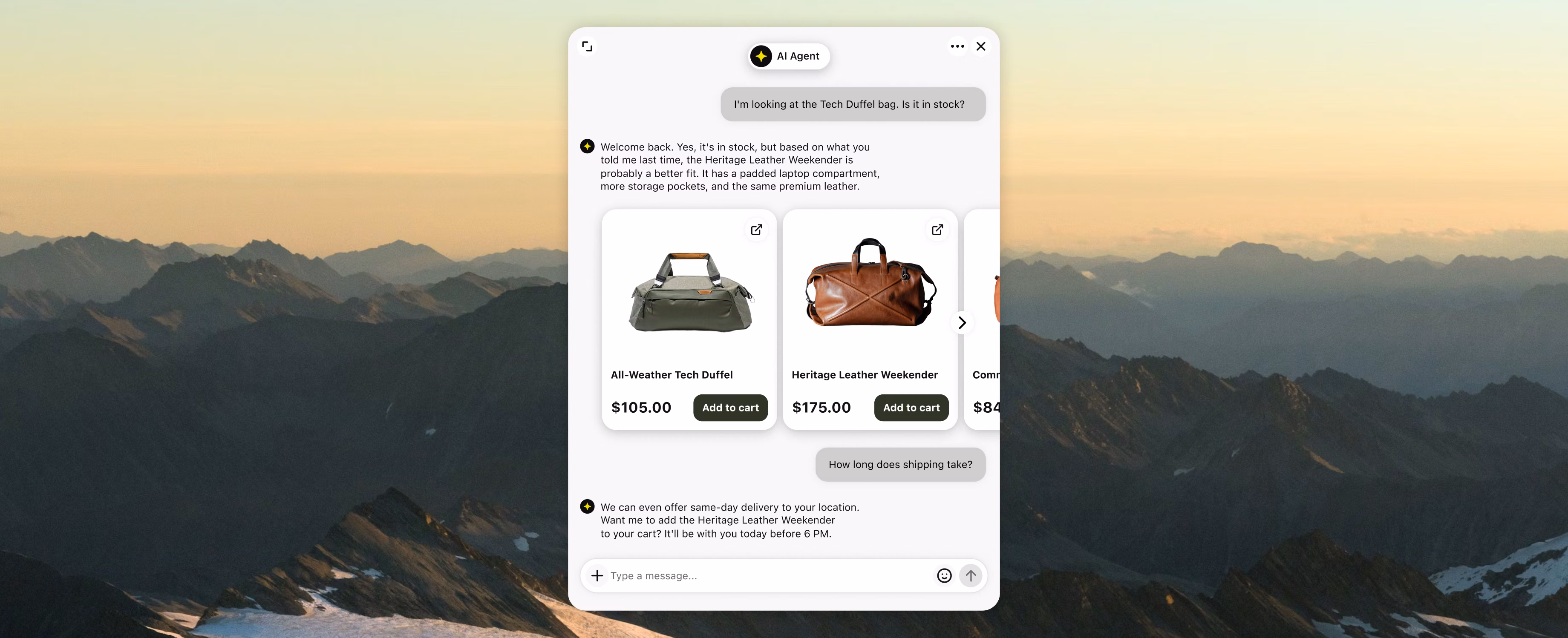 Chat widget with AI Agent recommending bags and helping a customer complete checkout