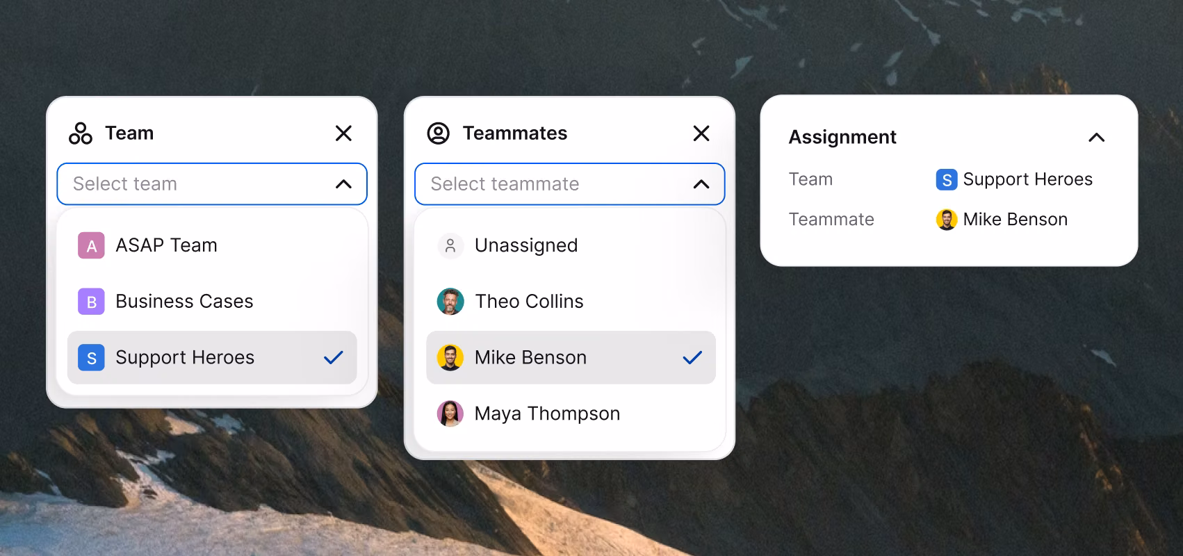 Chat routing settings assigning a conversation to the Support Heroes team and teammate Mike Benson