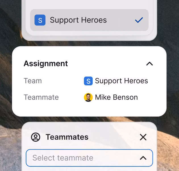 Chat routing settings assigning a conversation to the Support Heroes team and teammate Mike Benson
