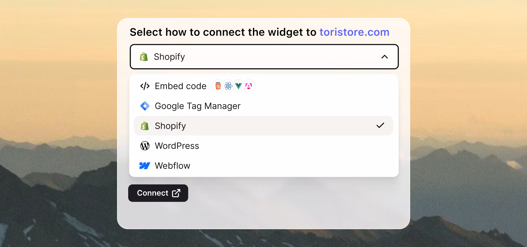 Widget installation menu showing options to connect the chat widget to a Shopify store via embed code, Google Tag Manager, or Webflow