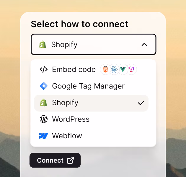 Widget installation menu showing options to connect the chat widget to a Shopify store via embed code, Google Tag Manager, or Webflow