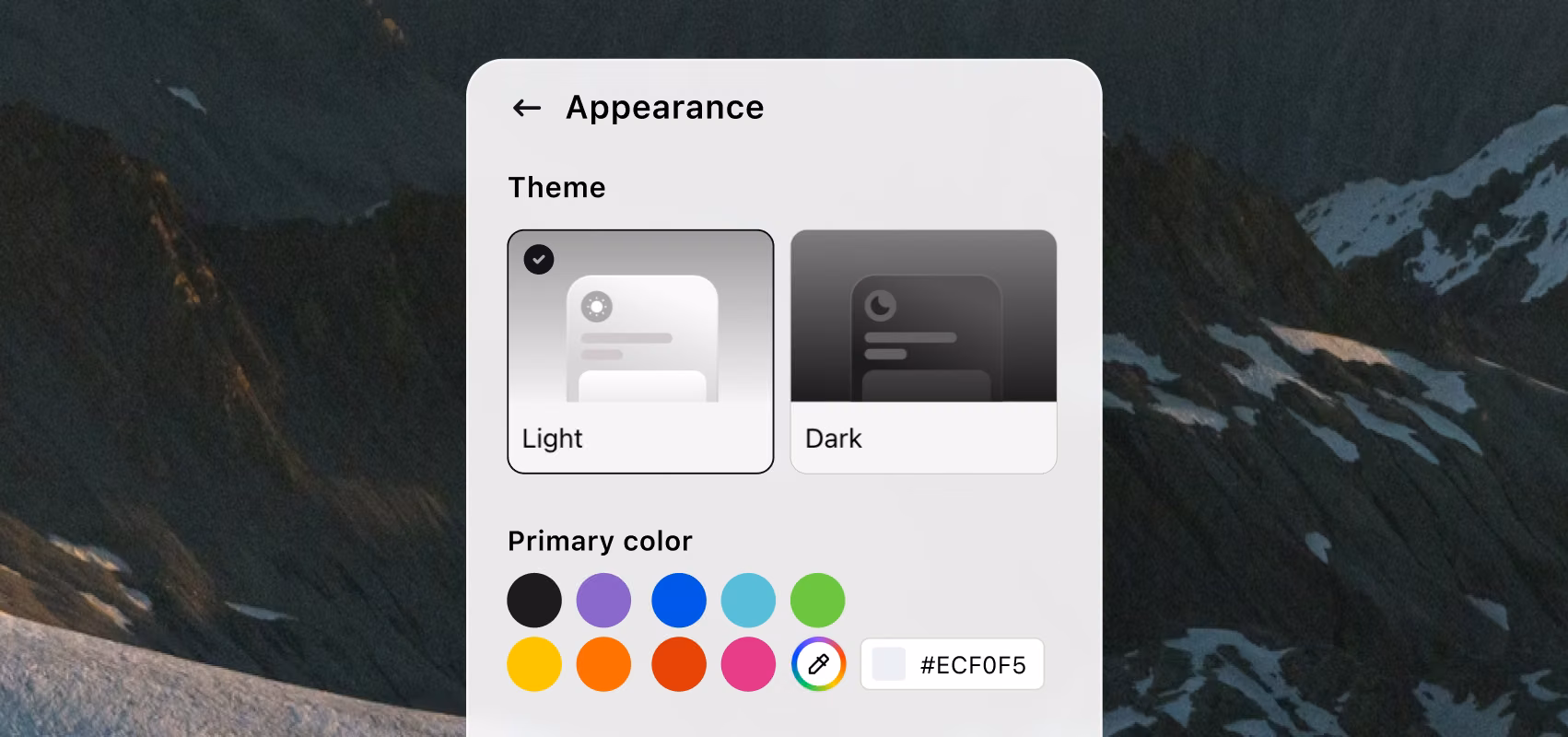 Chat widget appearance settings for choosing a light or dark theme and a custom primary color