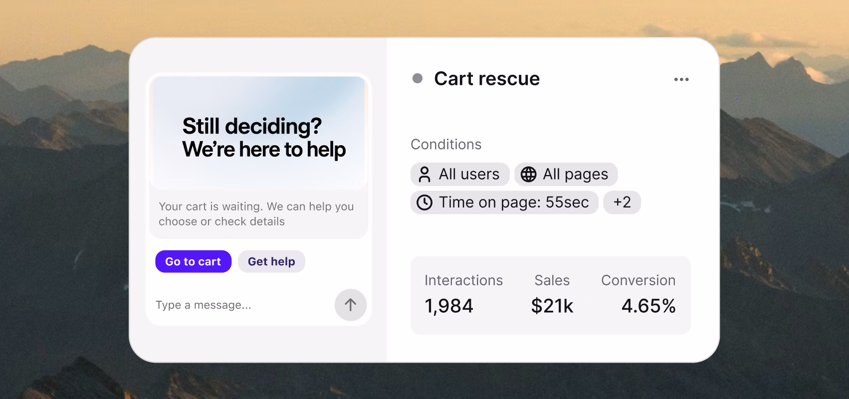 Chat widget cart rescue message triggered by time on page, offering help to a visitor with items in their cart