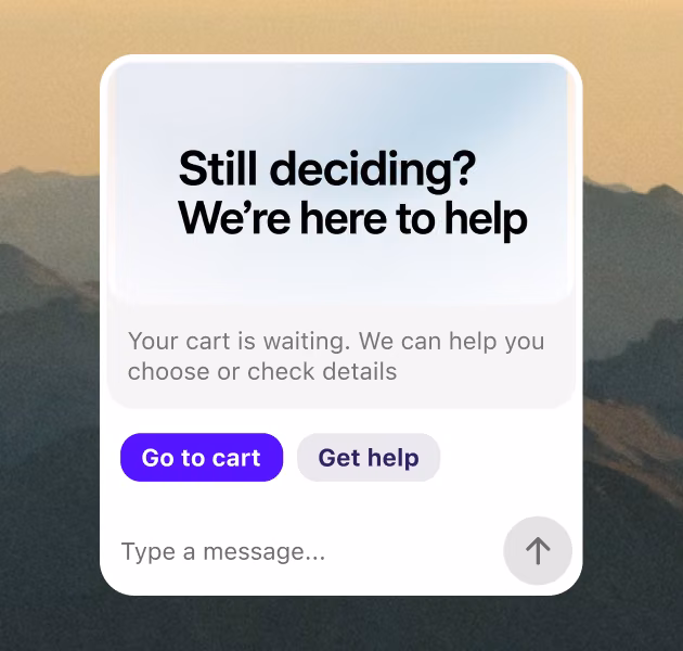 Chat widget cart rescue message triggered by time on page, offering help to a visitor with items in their cart