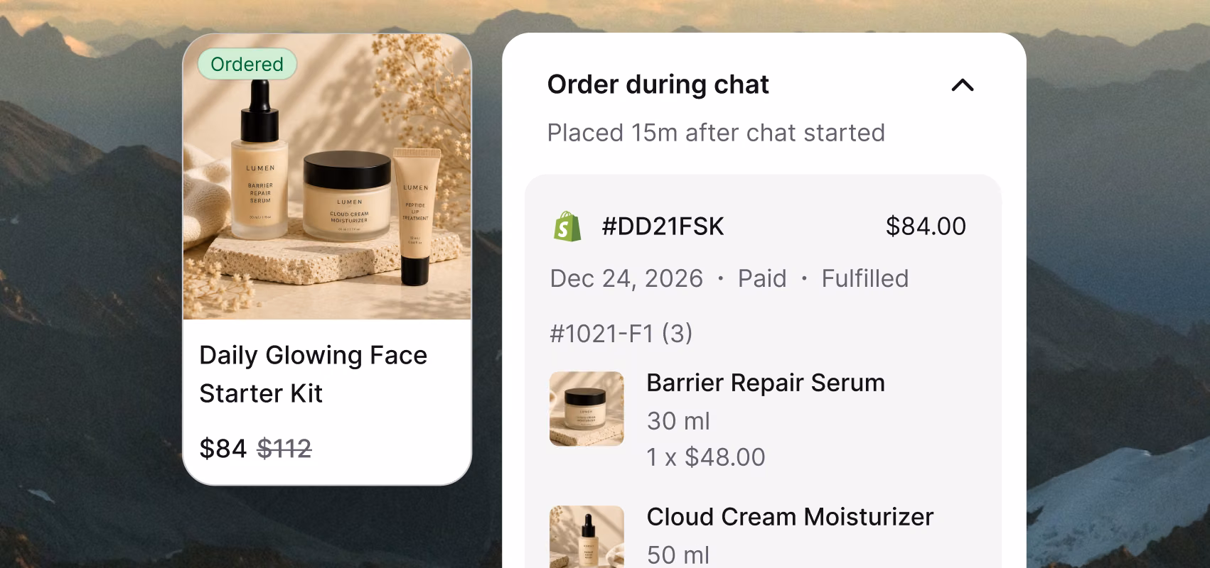 Chat widget order confirmation showing a completed skincare purchase with itemized products and prices