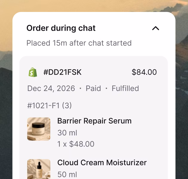 Chat widget order confirmation showing a completed skincare purchase with itemized products and prices