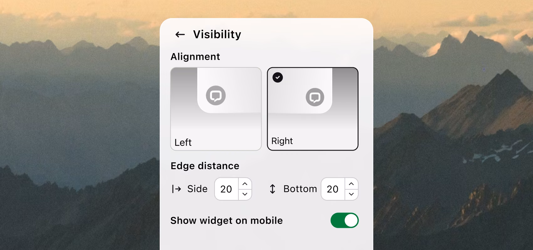 Chat widget visibility settings for choosing left or right alignment, edge distance, and mobile display