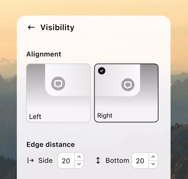Chat widget visibility settings for choosing left or right alignment, edge distance, and mobile display