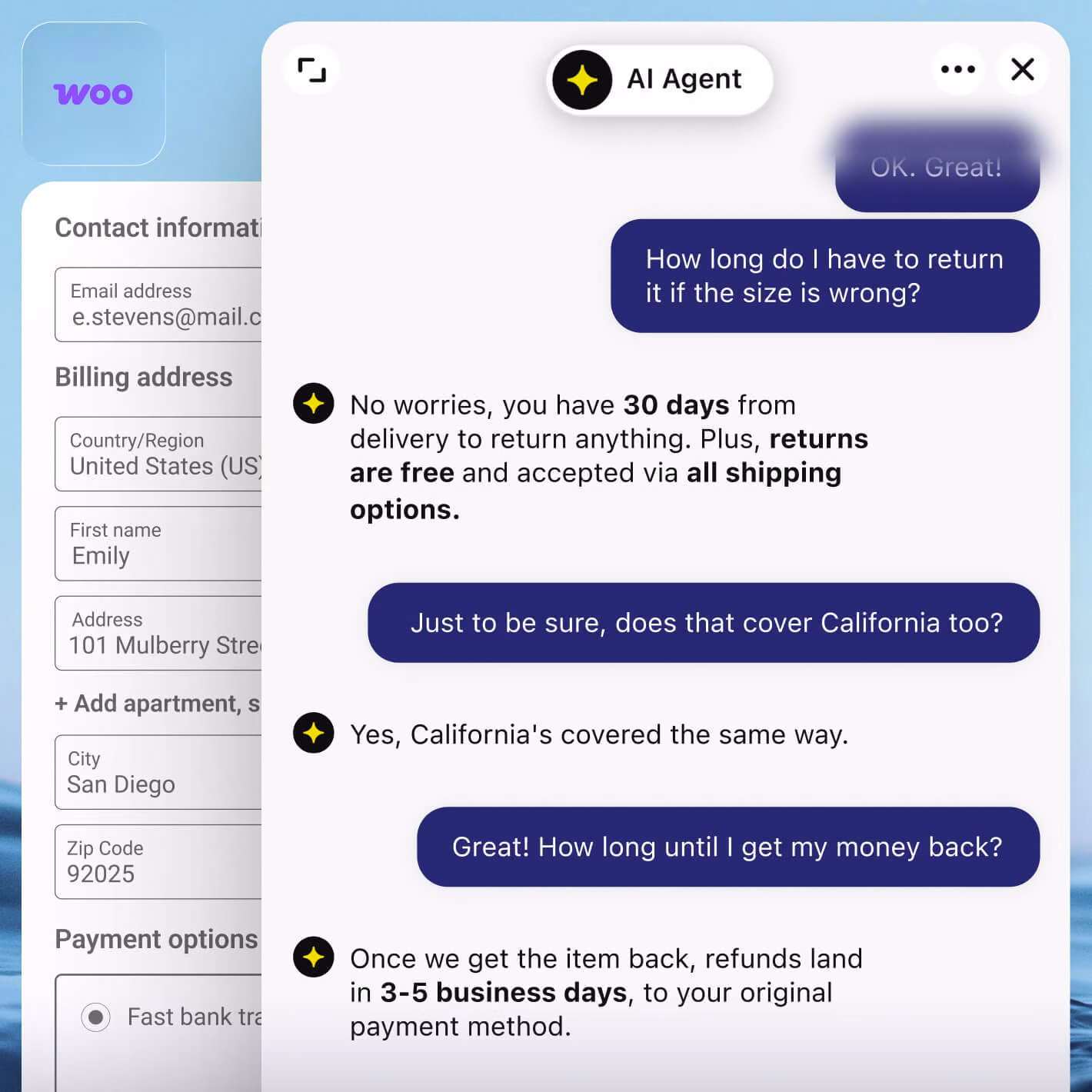 WooCommerce chat plugin answering a return policy question on the checkout page