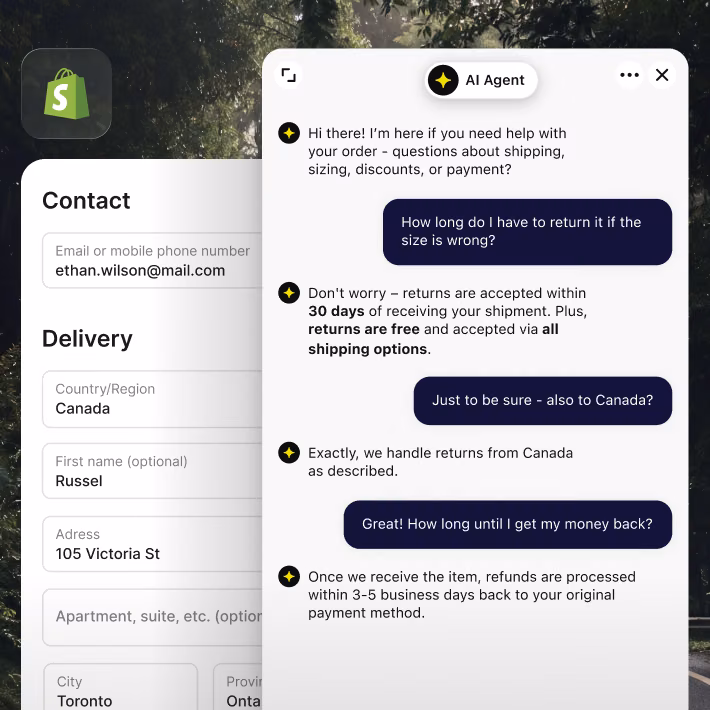 Live chat for Shopify checkout answering return policy questions during purchase