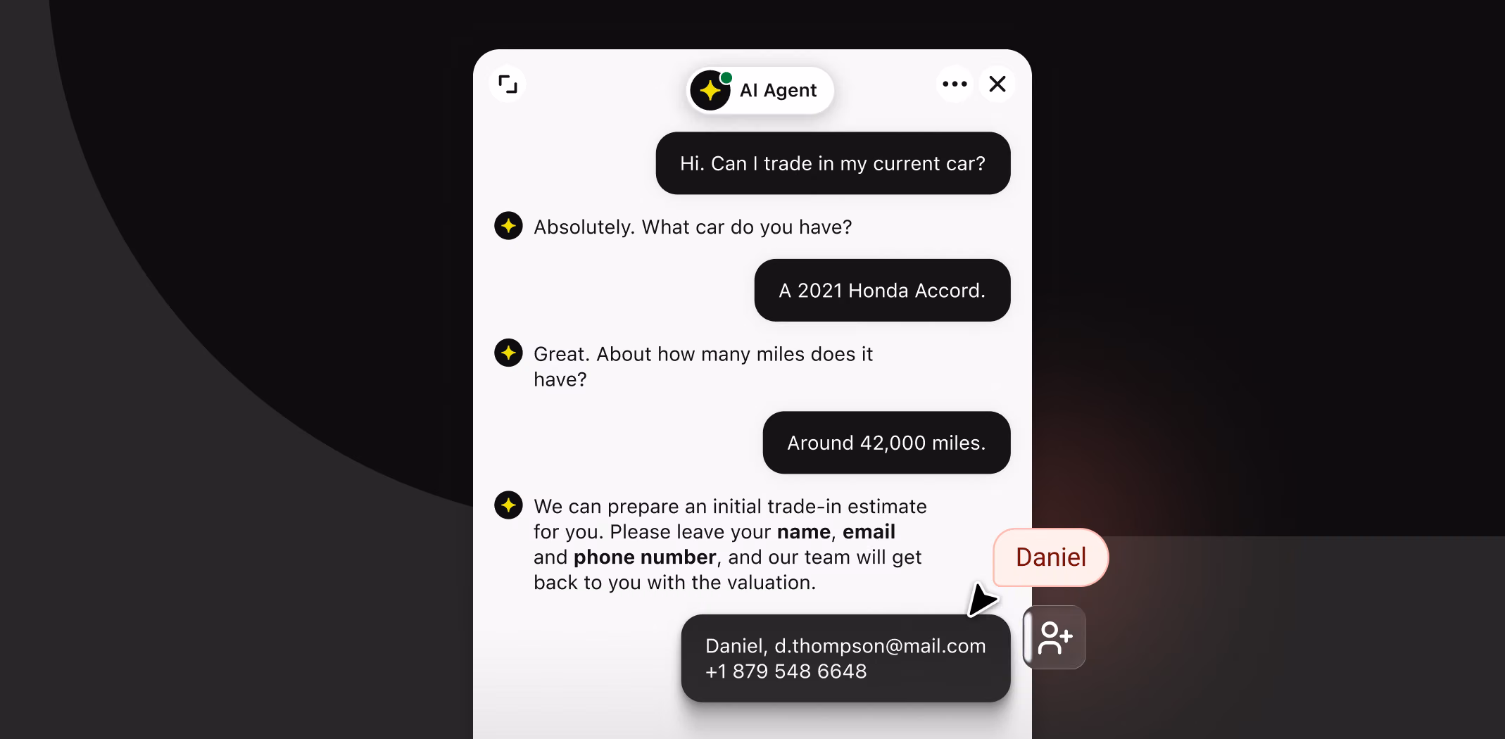 Contact card showing a shopper's details and qualification progress after chatting with the AI Agent