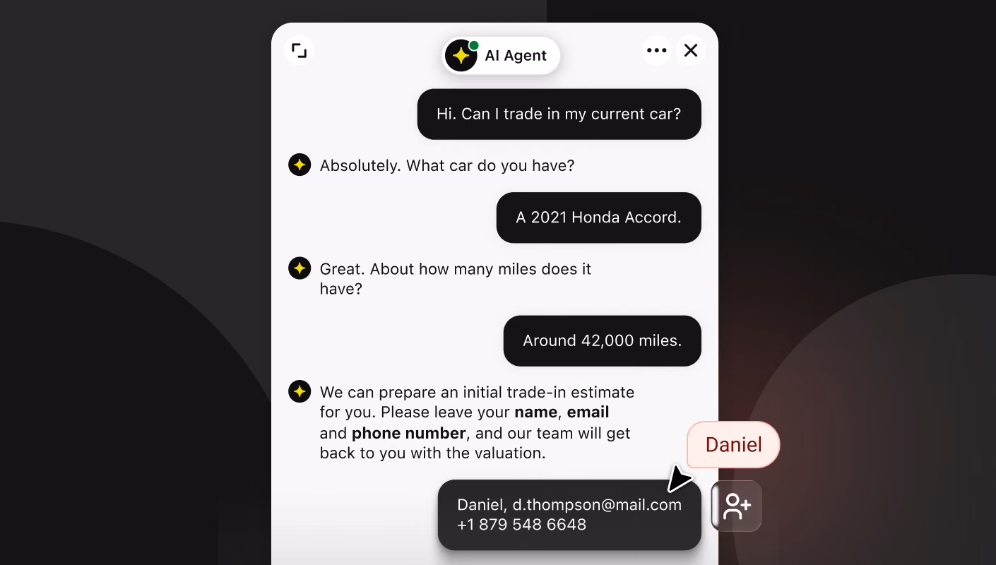 Contact card showing a shopper's details and qualification progress after chatting with the AI Agent