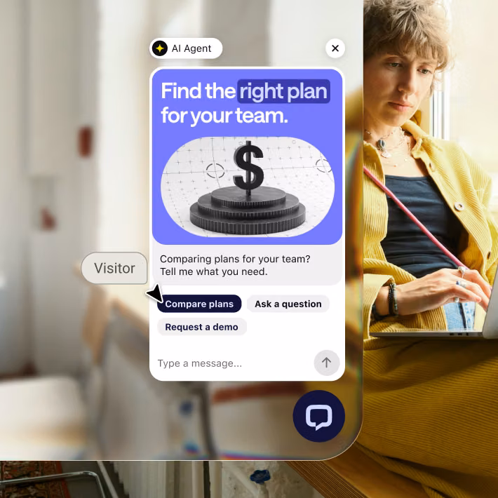Text chat widget greeting a website visitor with a plan comparison prompt