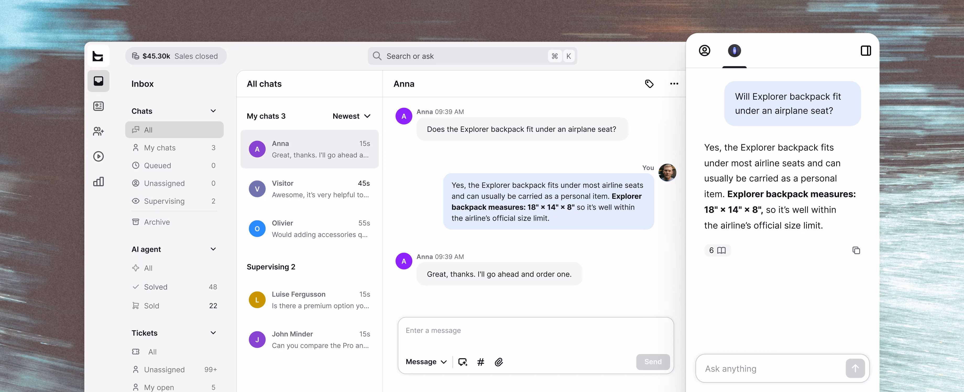 Text inbox with Copilot open in a chat, answering a customer's question about backpack dimensions