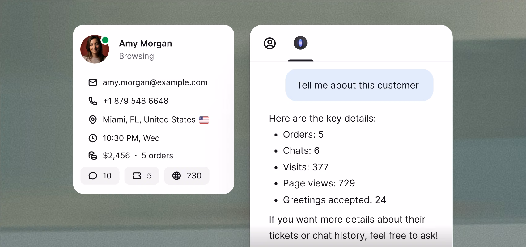 Customer profile card for Amy Morgan next to Copilot summarizing her orders, chats, and visits