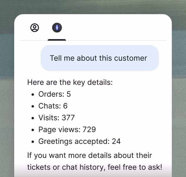 Customer profile card for Amy Morgan next to Copilot summarizing her orders, chats, and visits