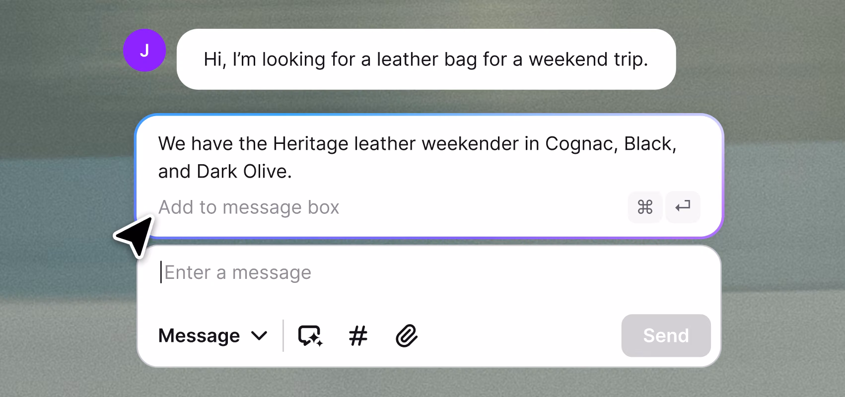 Copilot suggesting a reply about available bag colors for an agent to add to the message box