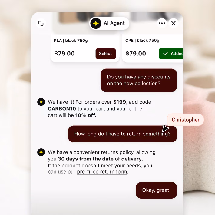 AI Agent offering a discount code and answering a return policy question in the same conversation