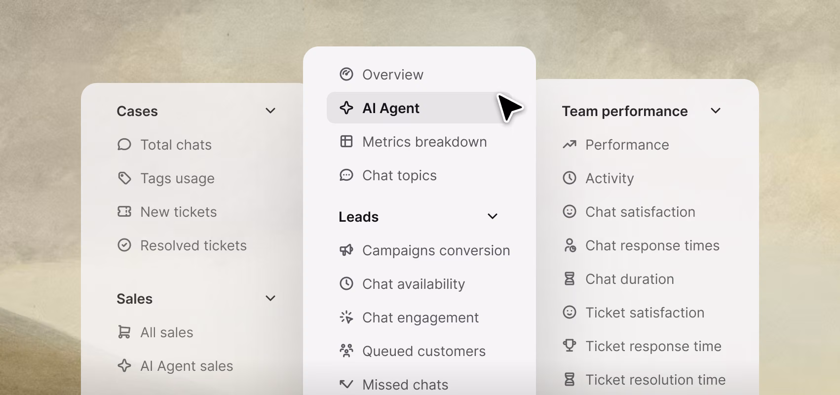 Reporting sidebar showing Cases, AI Agent, Leads, and Team performance report categories