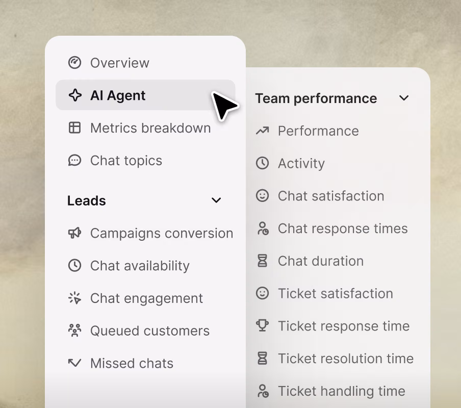 Reporting sidebar showing Cases, AI Agent, Leads, and Team performance report categories