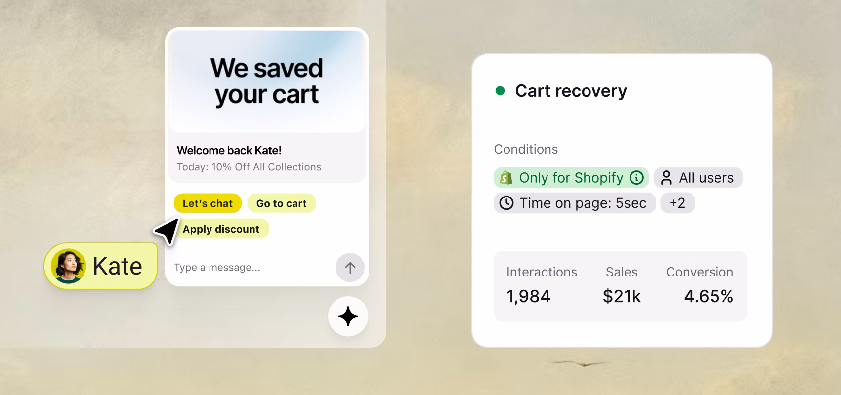 Conversion Radar showing live visitor segments like returning to a cart, looking for help, and viewing a product