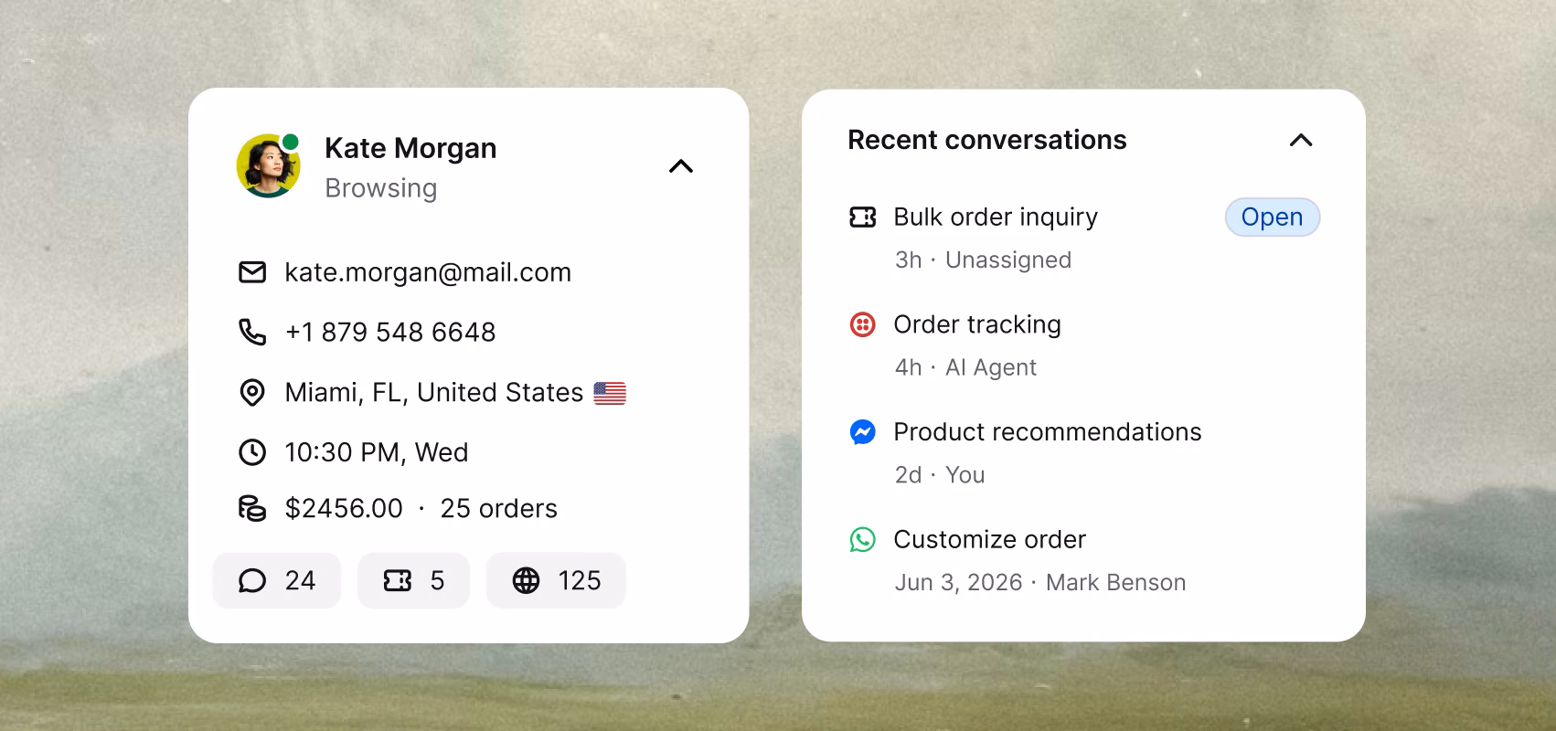 Customer profile for Kate Morgan showing contact details, orders, and recent conversations across channels