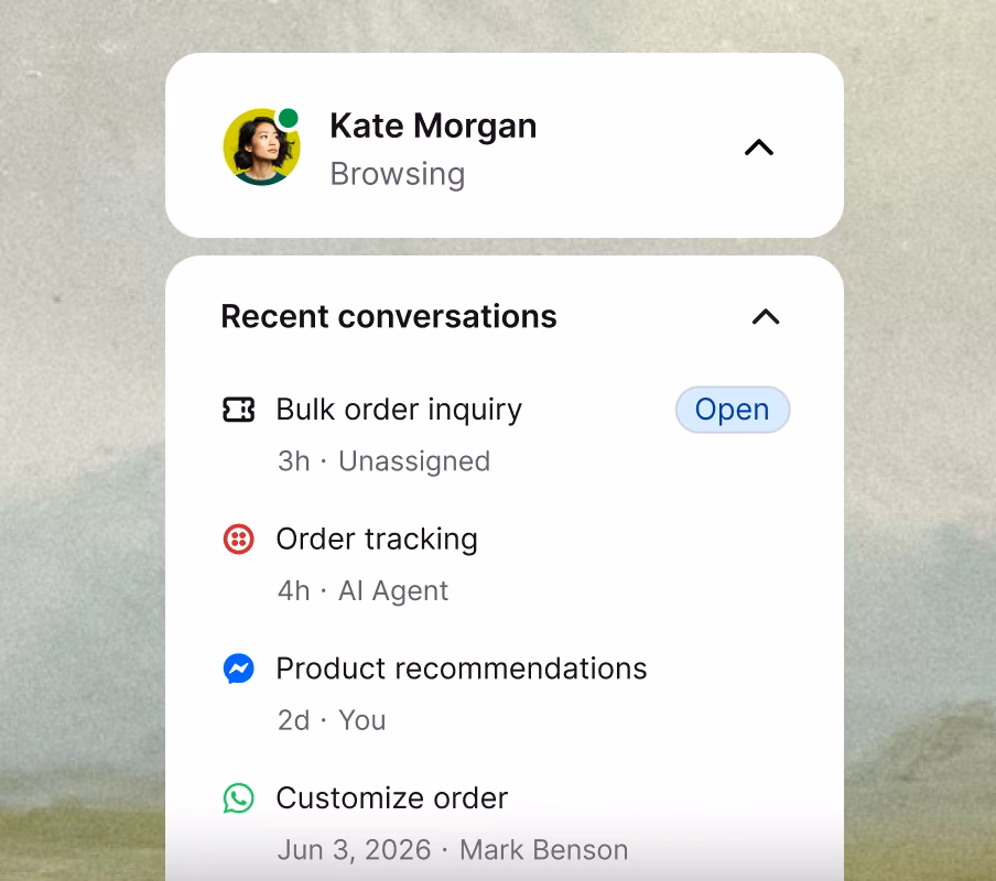 Customer profile for Kate Morgan showing contact details, orders, and recent conversations across channels