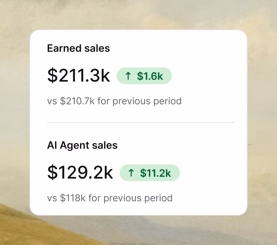 Sales report showing earned sales, AI Agent sales, and a table of top orders by value