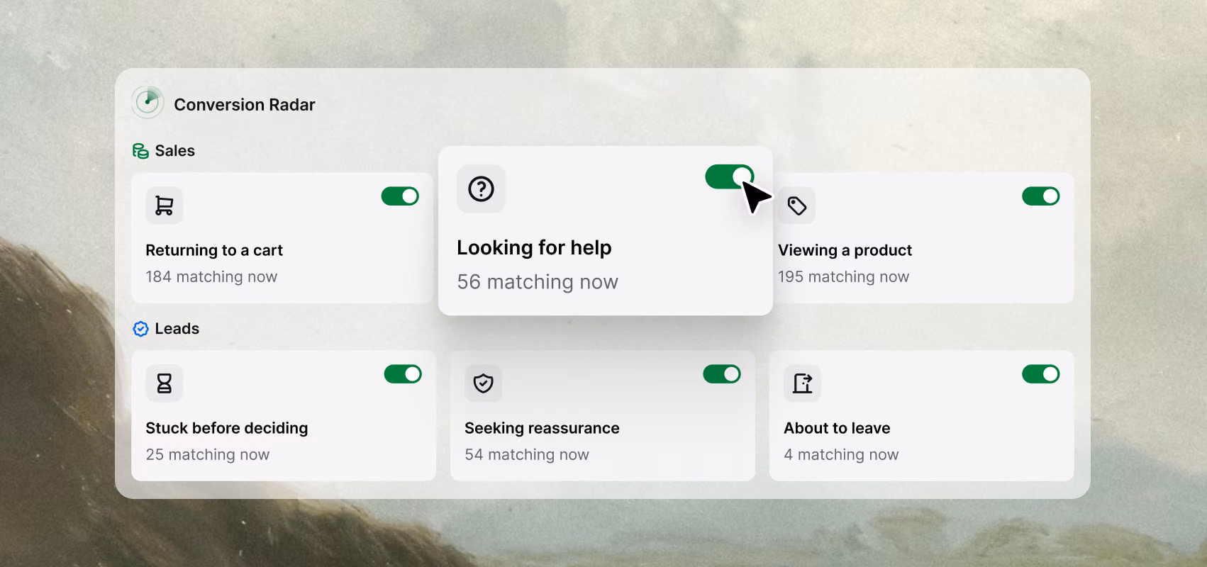 Conversion Radar showing sales and lead segments like stuck before deciding, seeking reassurance, and about to leave