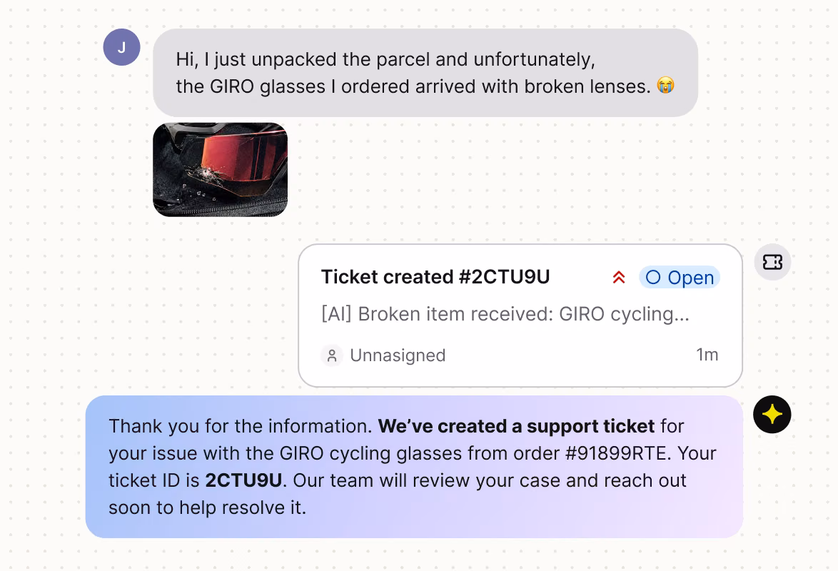 Customer chat about a damaged item with a ticket created automatically and a confirmation message from the AI agent