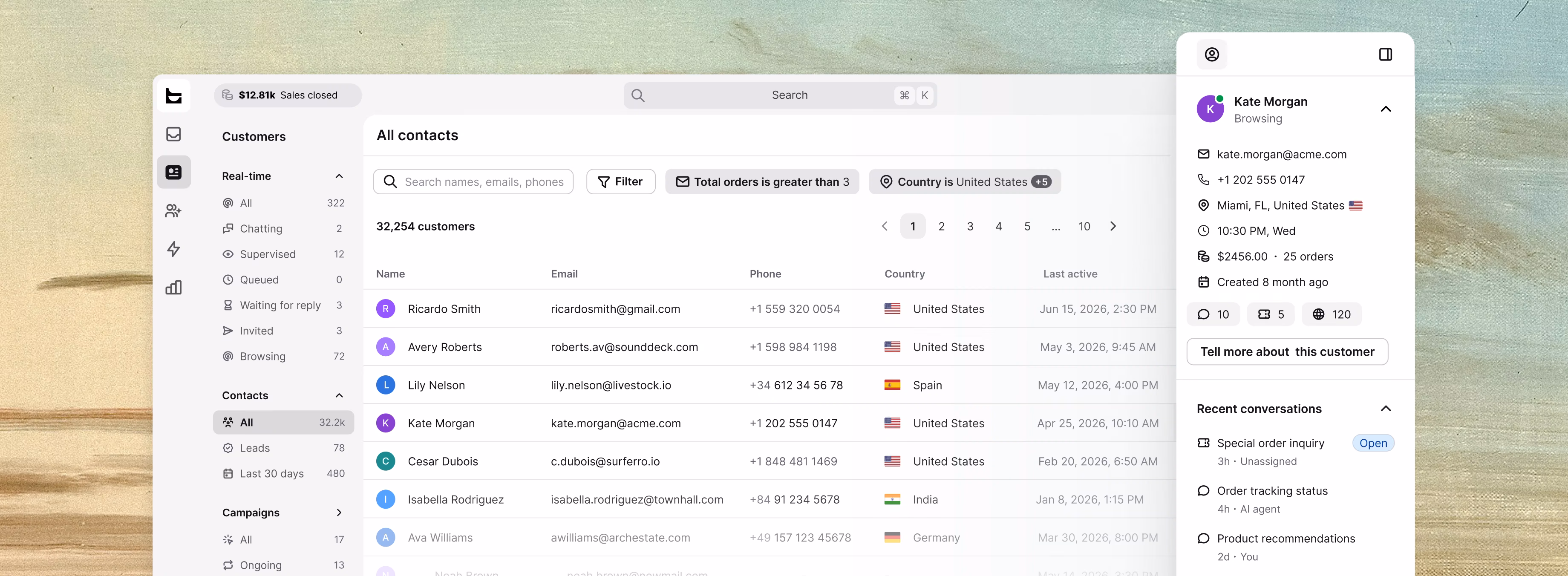 Text customer list showing unified customer profiles with filters, contact details, recent conversations, and sales signals to help teams prioritize valuable buyers.